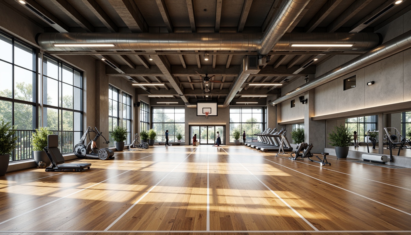 Prompt: Polished wooden floors, high-gloss finish, minimalist aesthetic, modern gymnasium interior, streamline design, sleek lines, metallic accents, industrial chic vibe, exposed ductwork, concrete walls, large windows, natural light, open space, athletic equipment, basketball hoops, treadmills, free weights, mirrored walls, LED lighting, dynamic shadows, shallow depth of field, 3/4 composition, panoramic view, realistic textures, ambient occlusion.