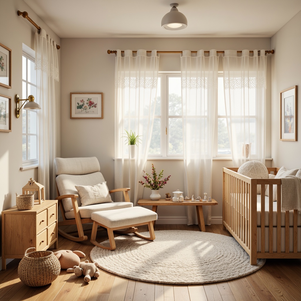 Prompt: Whimsical nursery, soft pastel colors, plush area rug, comfortable glider rocker, wooden crib, delicate lace curtains, creamy white walls, warm beige furniture, rounded edges, gentle lighting, cozy reading nook, oversized pillows, velvety soft toys, natural wood accents, wicker baskets, calming mobiles, soothing music, peaceful ambiance, 1/2 composition, shallow depth of field, warm golden lighting.