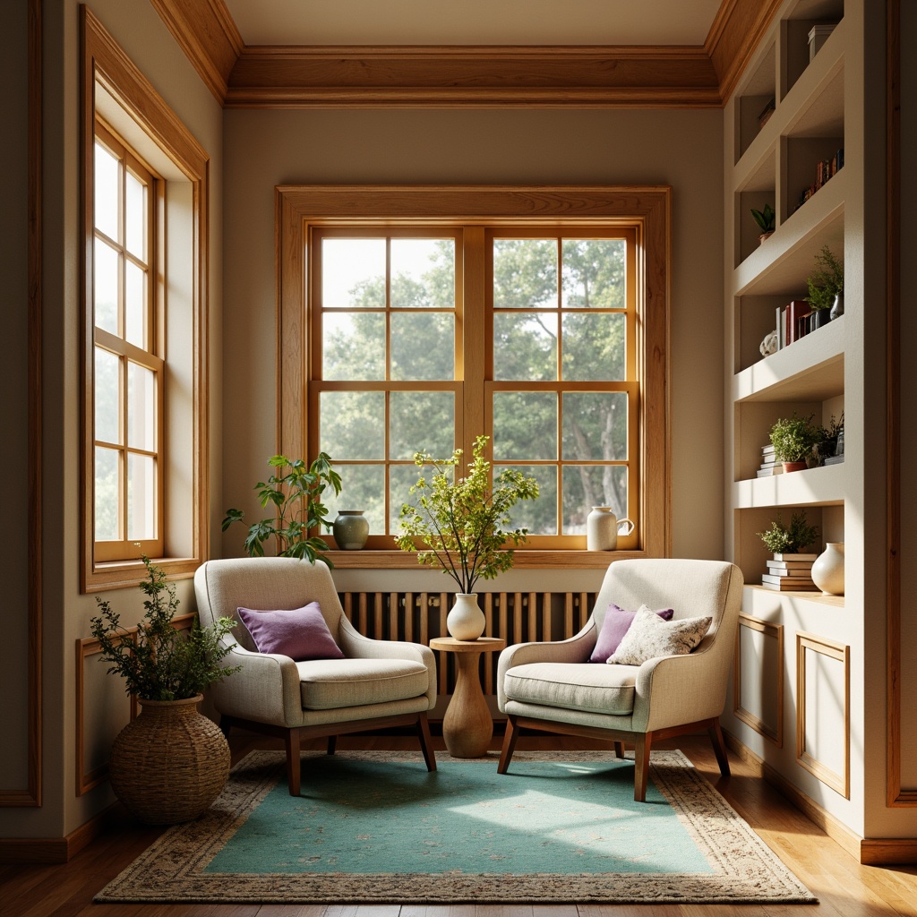 Prompt: Cozy reading nook, warm beige walls, plush velvet armchair, soft golden lighting, rich wood accents, comfortable cushions, calming turquoise rug, natural woven fibers, earthy terracotta vases, serene greenery, delicate porcelain decor, creamy white bookshelves, gentle lavender undertones, soothing ambient atmosphere, shallow depth of field, 1/1 composition, warm softbox lighting, realistic textures.