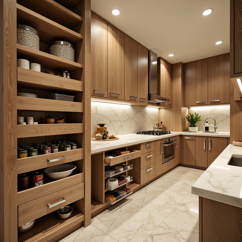 Prompt: Modern pantry space, sleek cabinetry, innovative shelving systems, adjustable storage units, sliding drawers, pull-out baskets, spice racks, can organizers, chrome handles, LED lighting, soft-close mechanisms, minimalist design, warm wood tones, creamy white countertops, natural stone flooring, abundant storage capacity, optimized corner spaces, 360-degree accessibility, easy cleaning surfaces, ergonomic design, futuristic aesthetic, high-gloss finishes, geometric patterns, ambient lighting, shallow depth of field, 3/4 composition.