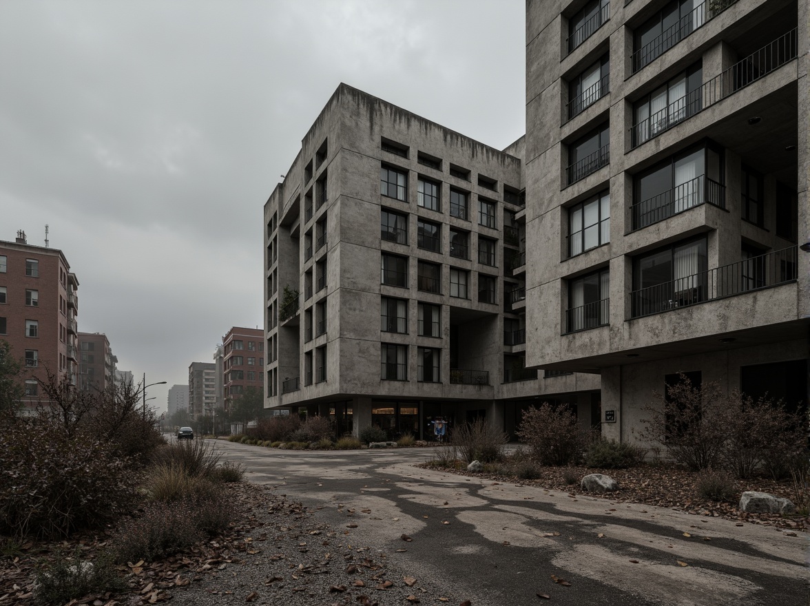 Prompt: Gritty brutalist architecture, rugged concrete textures, cold industrial atmosphere, stark monochromatic colors, exposed ductwork, metallic accents, bold geometric forms, fortress-like structures, urban decay, abandoned landscapes, overcast skies, dramatic shadows, high-contrast lighting, abstract compositions, moody color grading, desaturated earth tones, weathered steel beams, raw concrete blocks, brutalist typography, distressed finishes, urban grittiness.