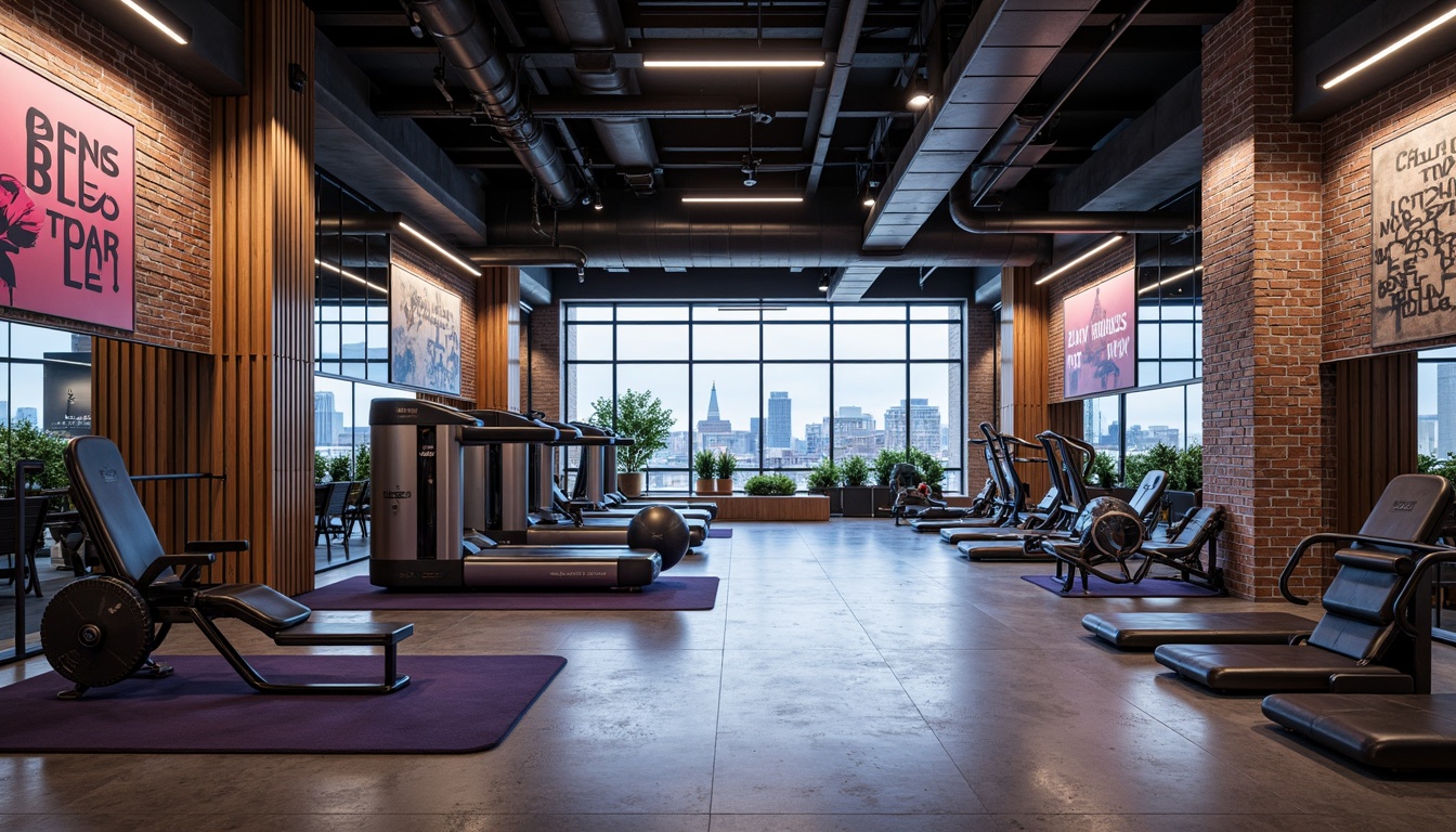 Prompt: Modern fitness club interior, industrial-chic aesthetic, exposed brick walls, polished concrete floors, metallic equipment, neon color accents, motivational quotes, floor-to-ceiling windows, natural light, urban cityscape views, reclaimed wood accents, sports-inspired textiles, bold geometric patterns, high-gloss finishes, dynamic LED lighting, futuristic ambiance, state-of-the-art technology integration, minimalist decor, sleek lines, premium materials, 1/1 composition, shallow depth of field, realistic reflections.