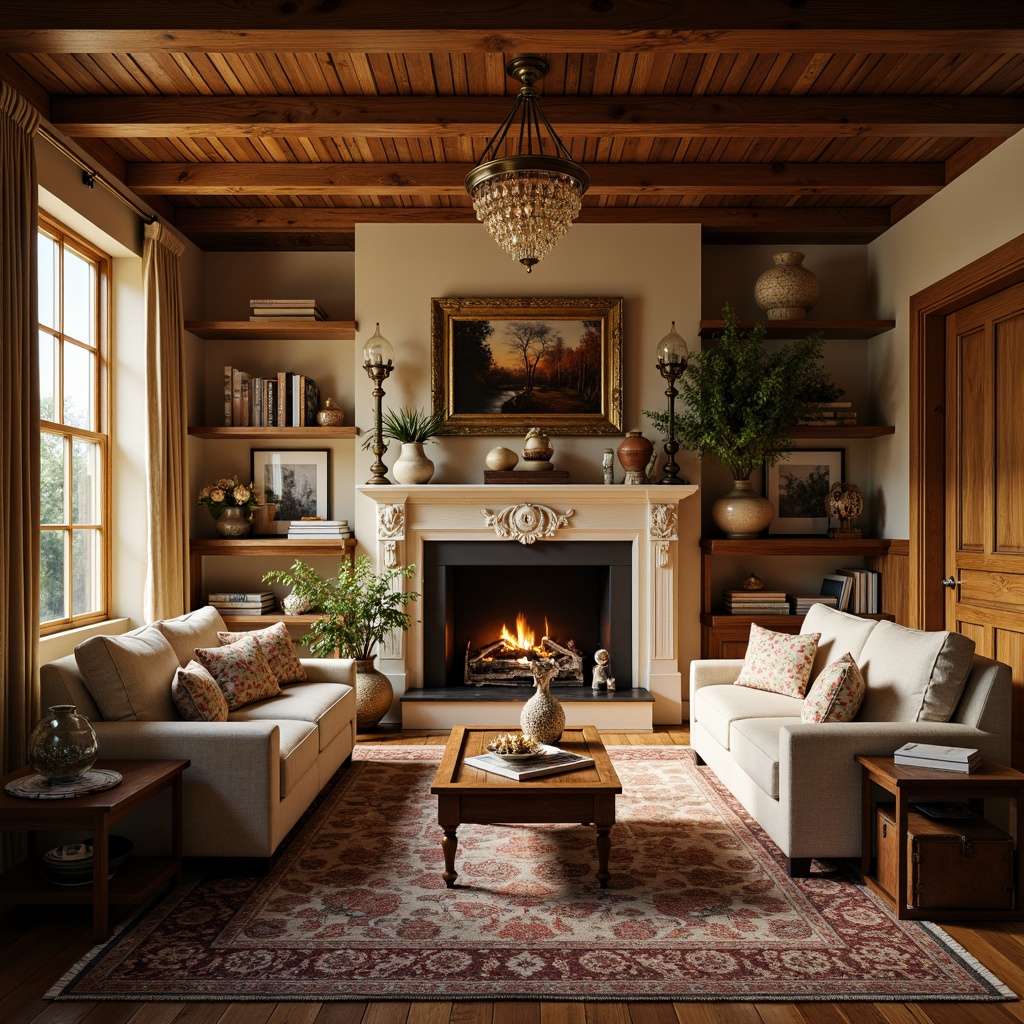 Prompt: Cozy living room, wooden furniture, plush cushions, ornate carvings, vintage rugs, warm golden lighting, soft beige walls, traditional English architecture, bay windows, flower-patterned curtains, comfortable seating areas, functional shelving units, rich wood tones, elegant chandeliers, subtle texture blending, realistic material rendering, shallow depth of field, 1/1 composition, intimate atmosphere.