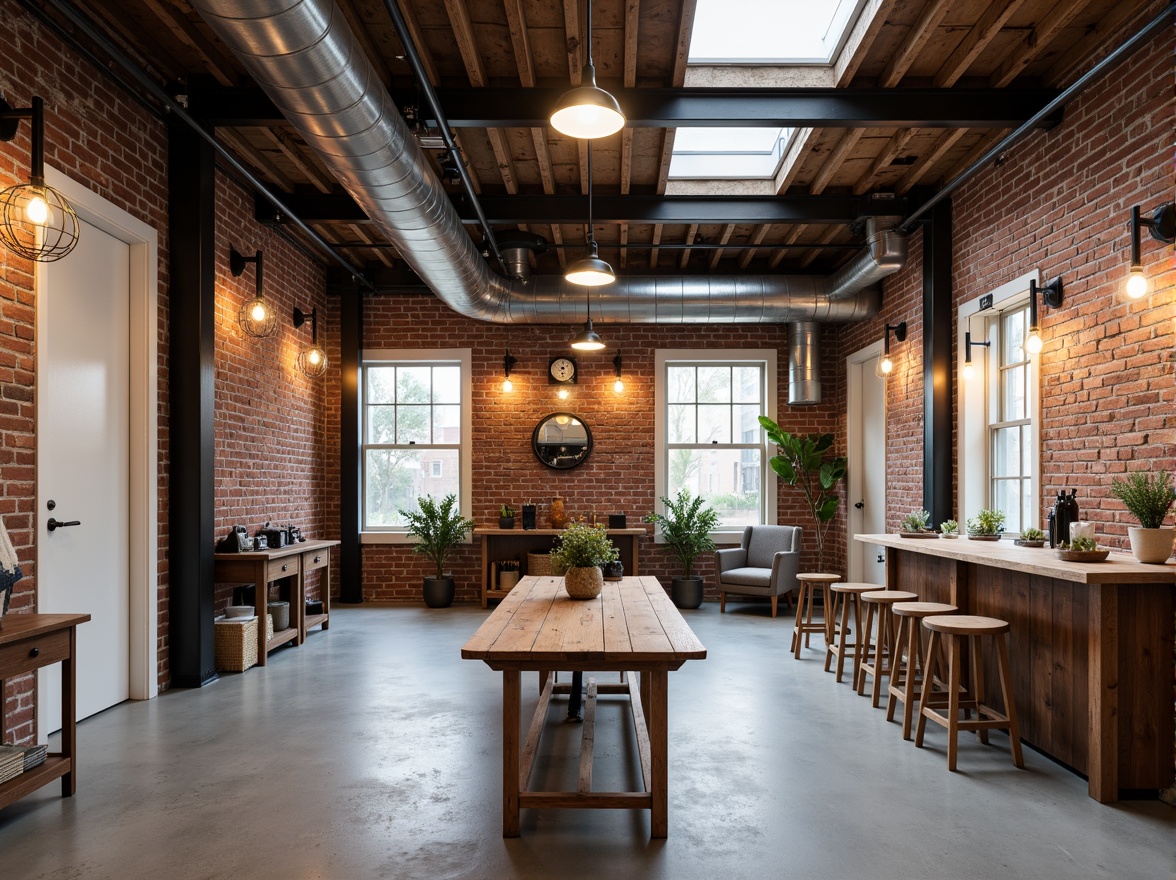 Prompt: Exposed brick walls, metal beams, reclaimed wood accents, industrial-style lighting fixtures, steel pipes, concrete floors, urban loft atmosphere, functional decorative elements, distressed finishes, vintage machinery parts, Edison bulbs, metal cage shades, minimalist decor, functional simplicity, neutral color palette, natural textures, overhead skylights, open floor plans, airy feel, modern functionality.