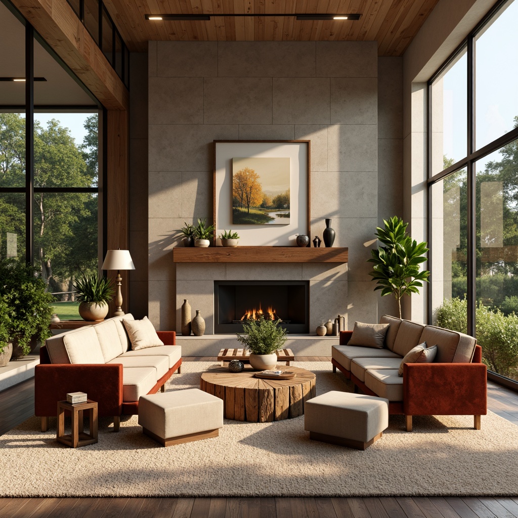 Prompt: Cozy living room, plush sofas, velvet armchairs, rustic wooden coffee tables, soft cushioned ottomans, warm beige carpets, natural stone fireplaces, modern minimalist decor, sleek metal lamps, abstract artwork, greenery plants, large windows, sunny afternoon, gentle warm lighting, 1/2 composition, shallow depth of field, realistic textures.