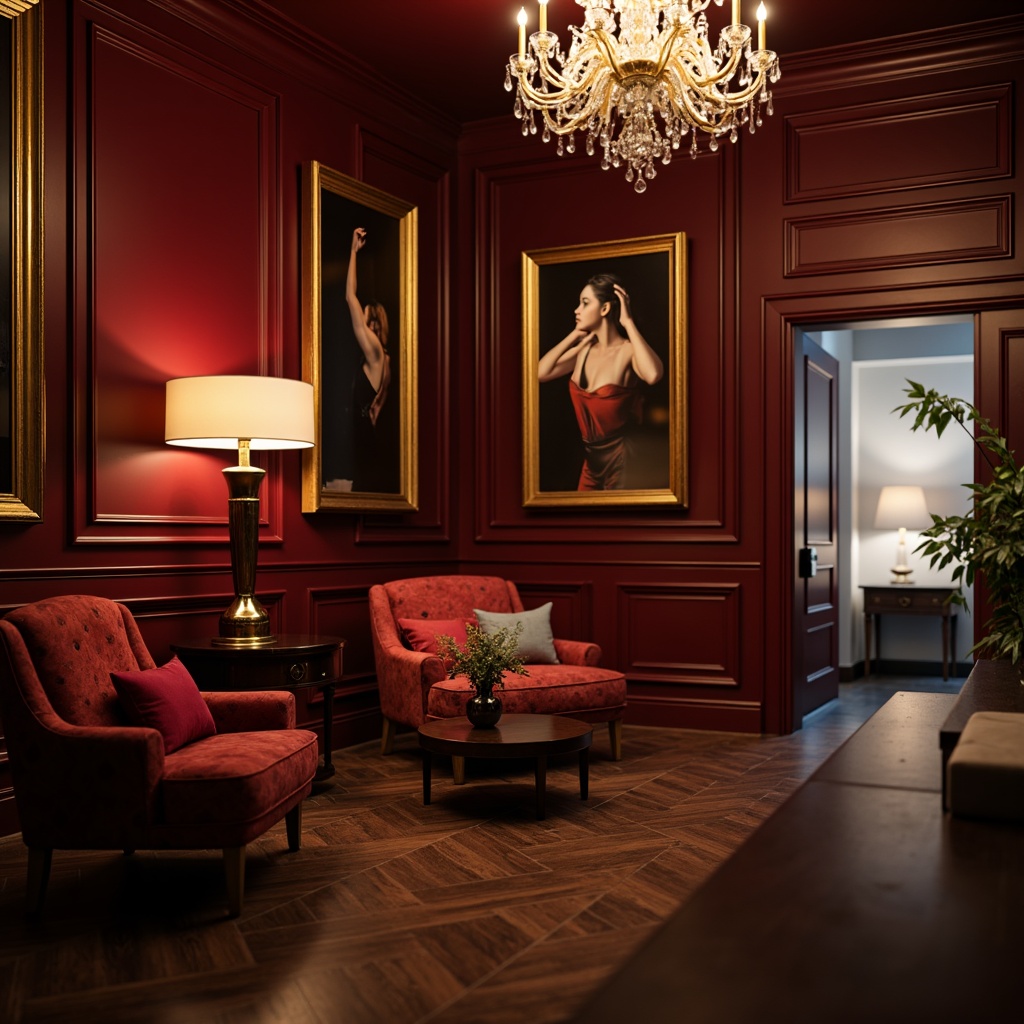 Prompt: Rich burgundy walls, dark wood flooring, ornate gold frames, luxurious velvet upholstery, subtle sheen fabrics, warm candlelight, elegant crystal chandeliers, sophisticated interior layout, high-end furniture pieces, refined metallic accents, lavish textiles, soft warm lighting, shallow depth of field, 2/3 composition, atmospheric mood, realistic reflections, ambient occlusion.