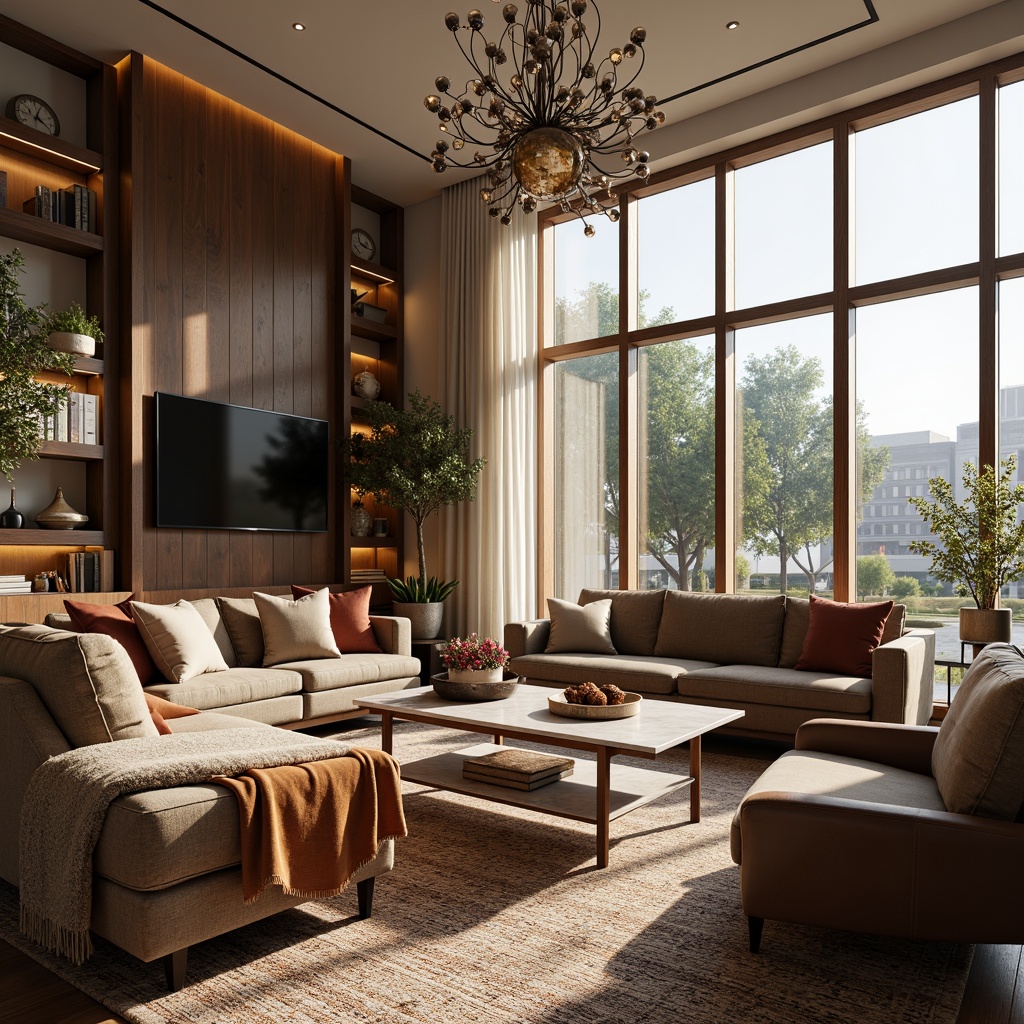 Prompt: Luxurious living room, plush velvet sofas, soft silk throw pillows, warm woven blankets, richly patterned rugs, elegant marble coffee tables, modern minimalist chandeliers, floor-to-ceiling windows, natural light pouring in, gentle warm glow, cozy reading nooks, sophisticated color palette, subtle texture contrasts, refined metallic accents, premium leather armchairs, inviting atmosphere, relaxed sophistication.