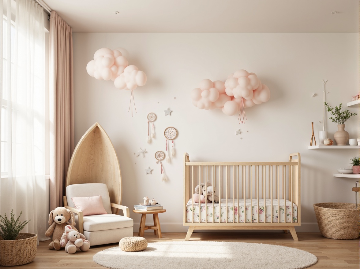 Prompt: Whimsical baby nursery, soft pastel colors, delicate floral patterns, plush toys, gentle cloud-shaped lighting fixtures, creamy white walls, warm beige flooring, minimalist modern furniture, adorable baby accessories, sweet dreamcatchers, soothing ambient glow, shallow depth of field, 1/1 composition, realistic textures, warm softbox lighting.