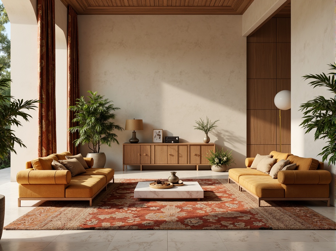 Prompt: Richly textured rugs, soft velvet sofas, warm beige walls, creamy white marble countertops, polished brass accents, lush greenery, natural wood furniture, subtle patterned drapes, calming atmosphere, softbox lighting, shallow depth of field, 2/3 composition, realistic textures, ambient occlusion.