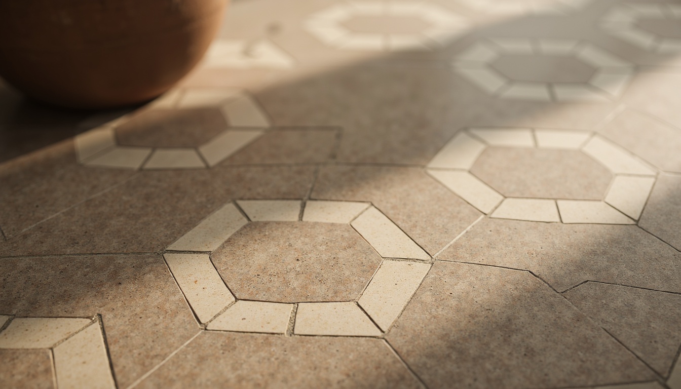 Prompt: Timeless tile design, classic geometry, elegant curves, subtle textures, earthy tones, natural stone, ceramic materials, hexagonal patterns, herringbone designs, Moroccan-inspired motifs, soft warm lighting, shallow depth of field, 3/4 composition, realistic renderings, ambient occlusion, rustic accents, distressed finishes, vintage flair.