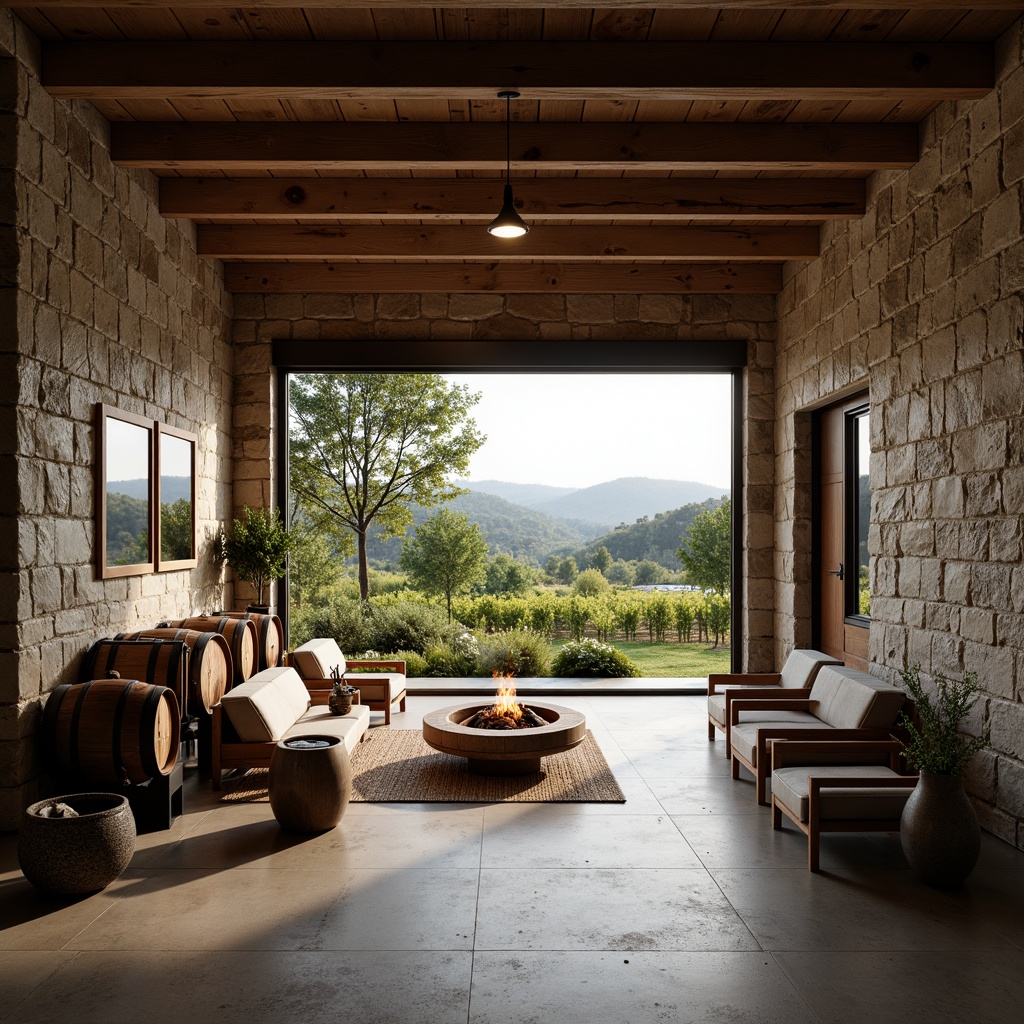 Prompt: Rustic winery, wooden barrels, vineyard views, natural stone walls, reclaimed wood accents, minimalist decor, Nordic-inspired furniture, cozy fire pit, lush greenery, industrial chic lighting, concrete floors, earthy color palette, organic textures, shallow depth of field, 1/1 composition, soft warm lighting, panoramic view, ambient occlusion.