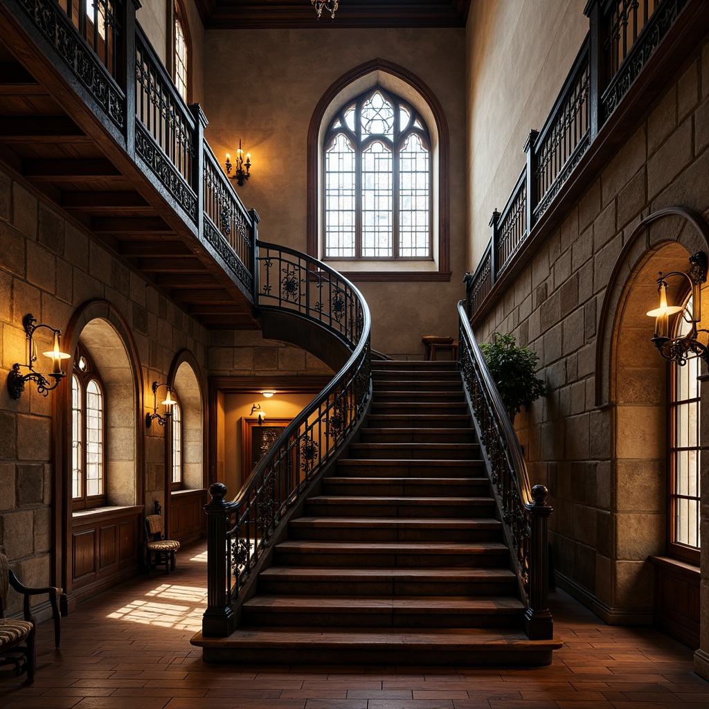 Prompt: Intricate gothic staircase, ornate metal railings, curved banisters, fleur-de-lis patterns, medieval-inspired designs, grand high ceilings, stone walls, stained glass windows, rich wood tones, mysterious ambiance, warm soft lighting, shallow depth of field, 1/2 composition, dramatic shadows, realistic textures, ambient occlusion.