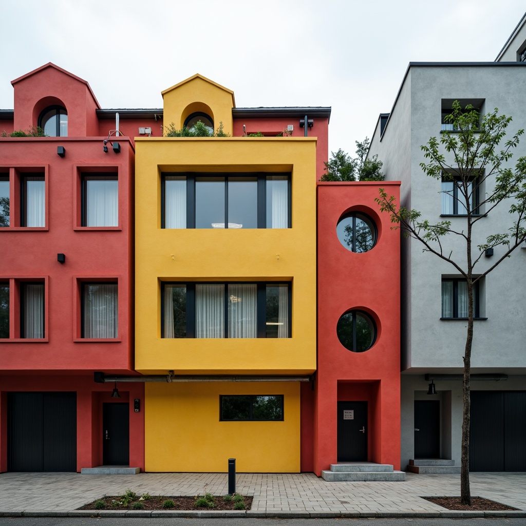 Prompt: Rationalist building facade, asymmetrical composition, bold primary colors, rectangular windows, circular doors, triangular roofs, minimalist ornamentation, industrial materials, exposed pipes, concrete walls, steel beams, functional simplicity, urban landscape, overcast sky, dramatic shadows, high contrast lighting, 1/1 composition, central perspective, graphic textures, stylized reflections.