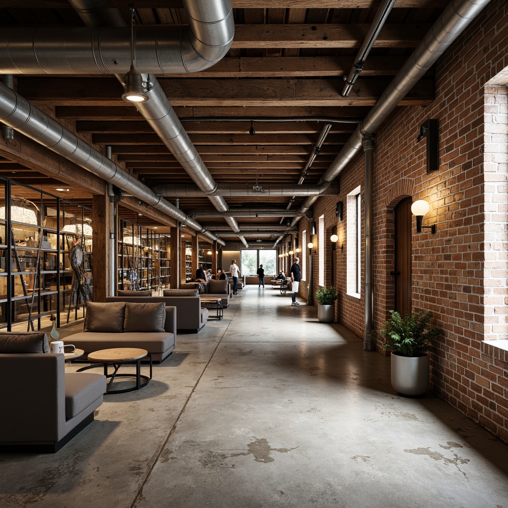 Prompt: Rustic warehouse interior, exposed beams, metal ductwork, industrial pipes, reclaimed wood accents, concrete floors, urban loft atmosphere, modern minimalist decor, pendant lighting fixtures, functional steel shelving, distressed brick walls, earthy color palette, natural textures, soft warm lighting, shallow depth of field, 3/4 composition, realistic renderings.