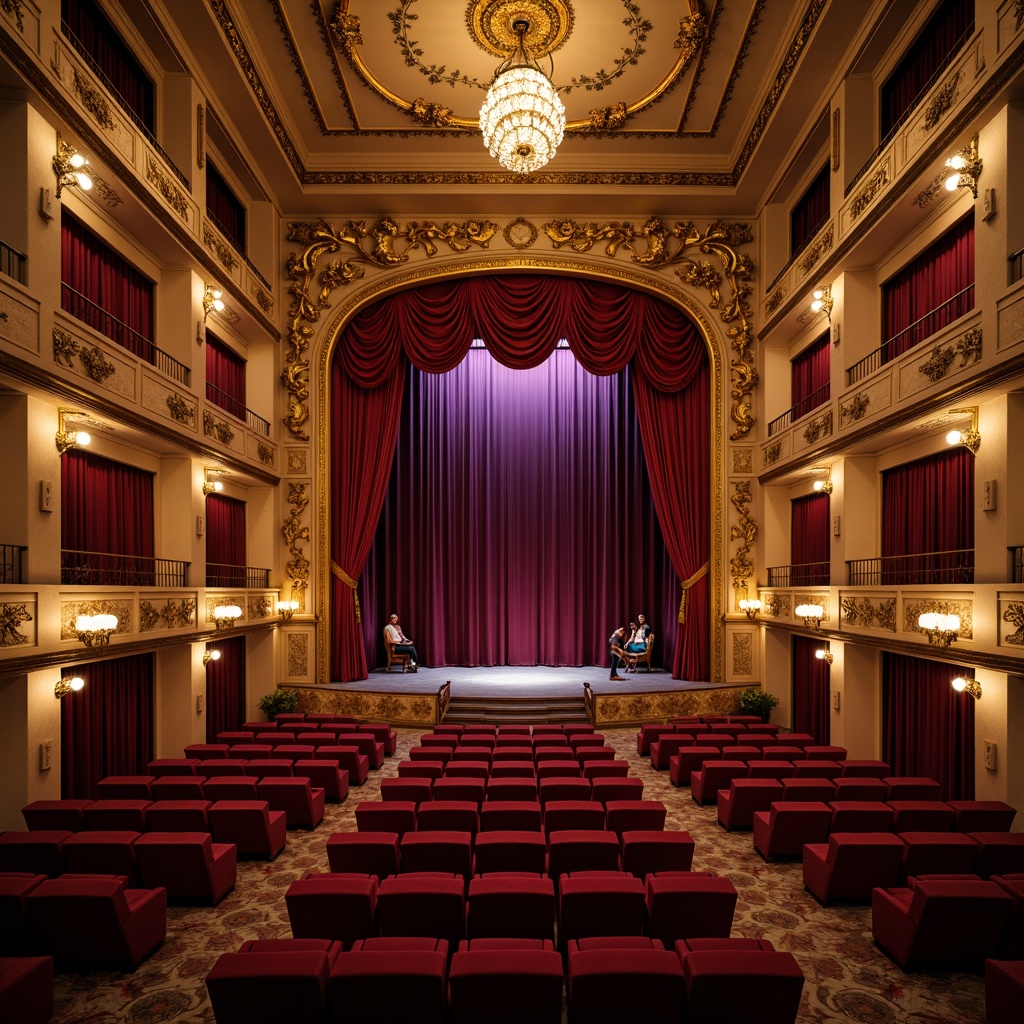 Prompt: Luxurious theater interior, rich velvet curtains, golden ornate details, warm dimmed lighting, plush red seats, intricate carved wood paneling, majestic high ceilings, grand crystal chandeliers, soft warm beige walls, subtle gradient floor patterns, elegant bronze railings, lavish purple drapes, dramatic spotlighting, cinematic atmosphere, 1/2 composition, shallow depth of field, realistic reflections.