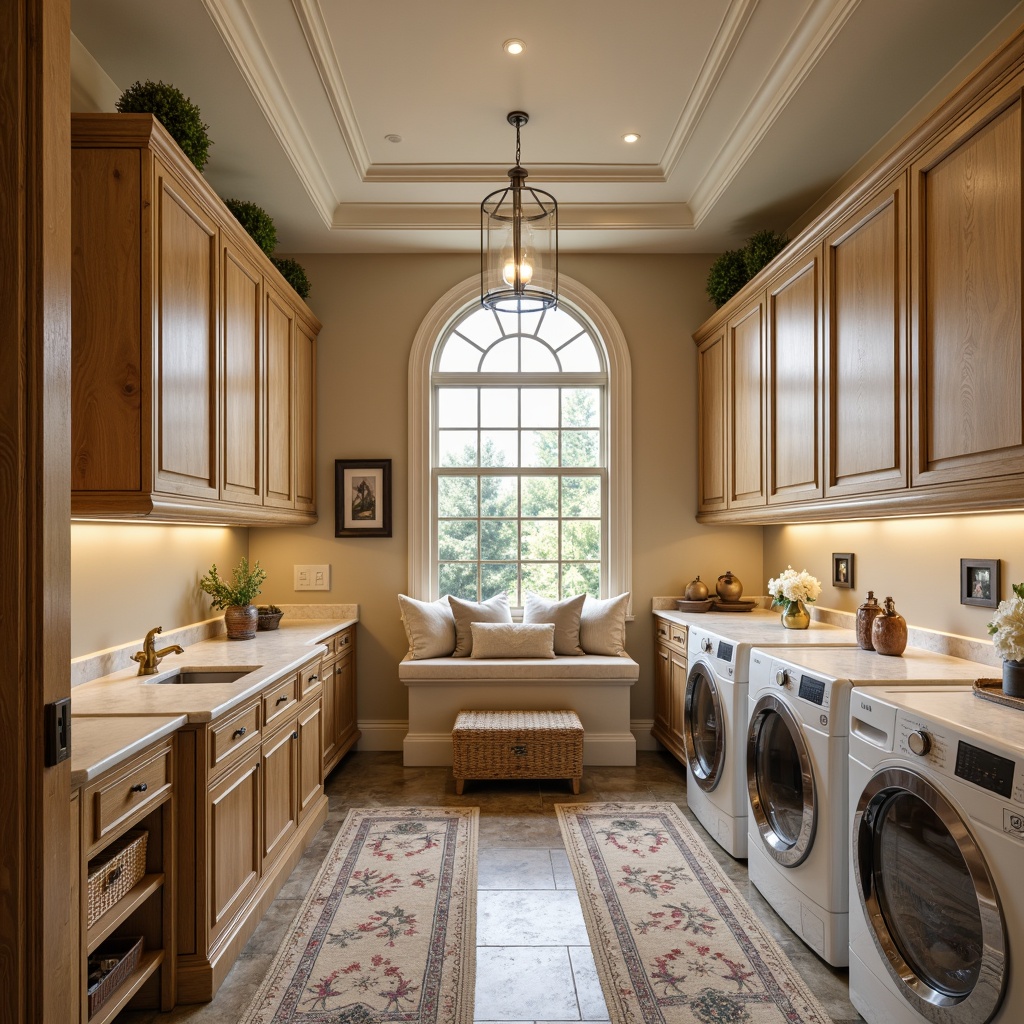 Prompt: Elegant laundry room, ornate wooden cabinetry, classic white marble countertops, antique brass fixtures, soft warm lighting, creamy wall colors, floral patterned rugs, vintage-inspired decorative accents, hidden storage compartments, pull-out drying racks, slide-out ironing boards, adjustable shelving systems, natural stone flooring, subtle archways, ornamental ceiling details, warm beige tones, inviting window seats, rustic wooden crates, woven wicker baskets, delicate lace curtains.