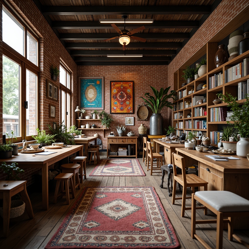 Prompt: Eclectic craft room, wooden workbenches, vintage tools, eclectic decorations, vibrant colorful textiles, intricate geometric patterns, exposed brick walls, industrial metal beams, reclaimed wood floors, cozy reading nooks, oversized windows, natural warm lighting, shallow depth of field, 1/1 composition, intimate atmosphere, soft focus effect, realistic textures, ambient occlusion.