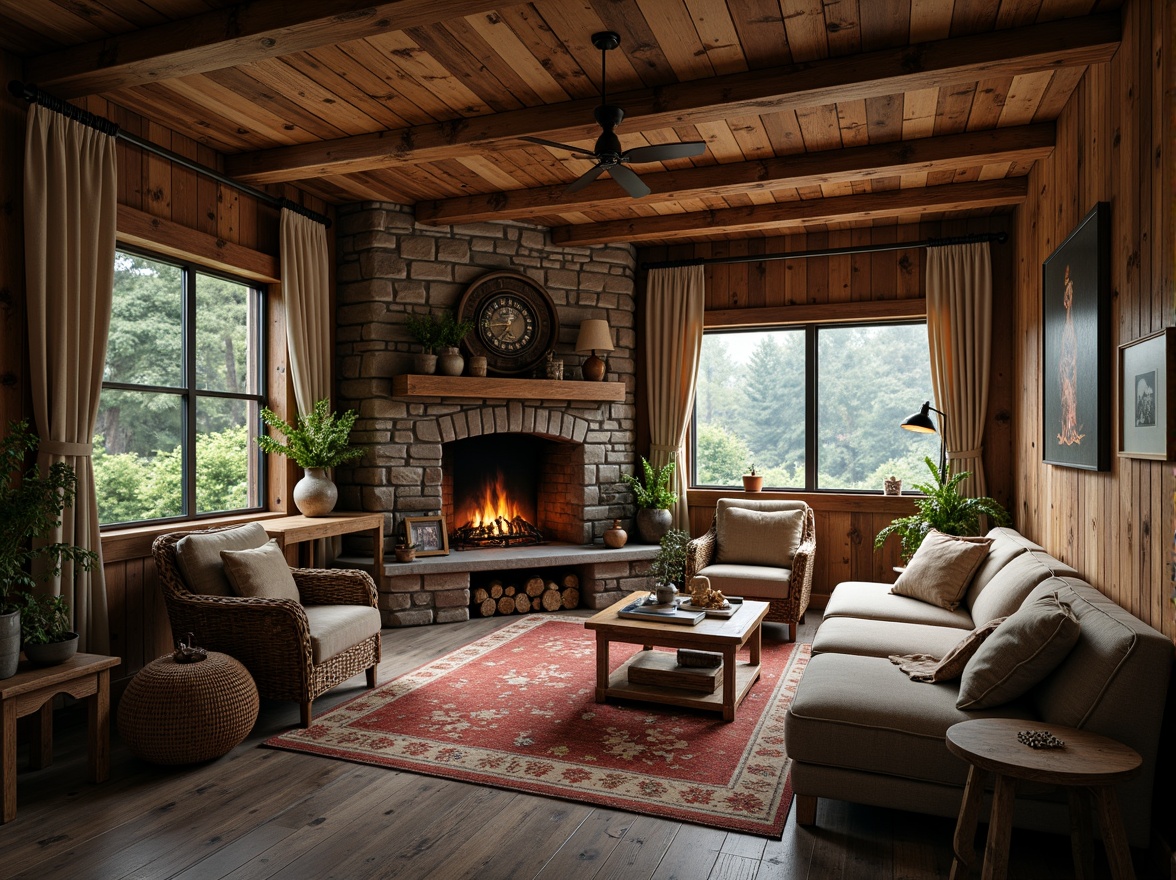 Prompt: Cozy rustic cabin, wooden accents, earthy tones, natural textures, stone fireplace, vintage decor, woven baskets, distressed finishes, warm ambient lighting, comfortable seating areas, lush greenery, forest surroundings, misty morning, soft diffused light, shallow depth of field, 1/1 composition, realistic wood grains, subtle color palette.