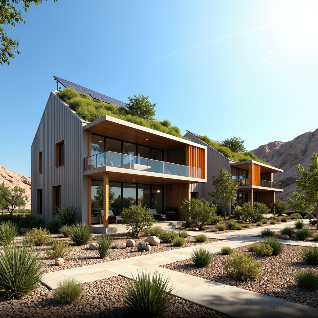 Prompt: Futuristic eco-friendly residences, verdant green roofs, solar panels, wind turbines, water conservation systems, recycled materials, minimalist design, angular lines, sleek metal fa\u00e7ades, large windows, glass doors, natural ventilation, optimized energy efficiency, smart home automation, vibrant colorful accents, intricate geometric patterns, desert landscape, cactus plants, hot sunny day, clear blue sky, vast open space, panoramic view, shallow depth of field, 3/4 composition, realistic textures, ambient occlusion.