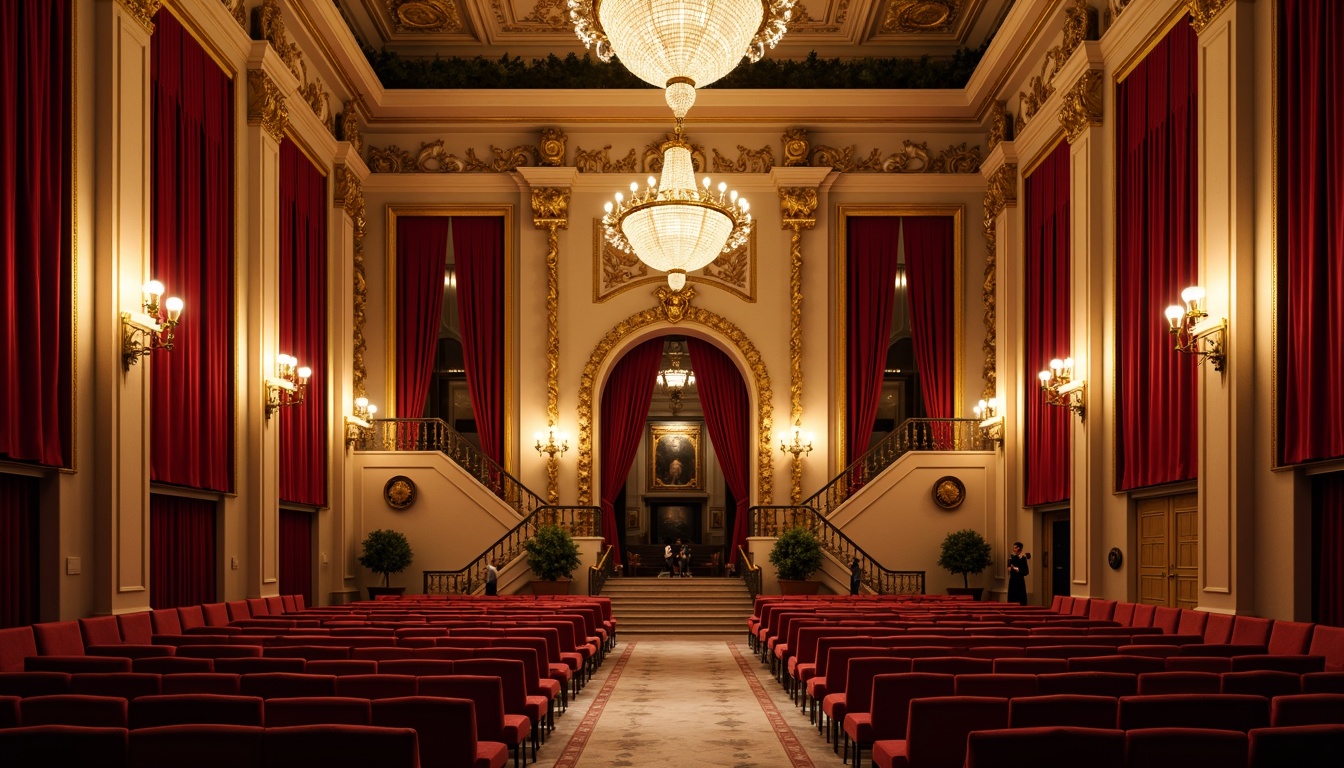 Prompt: Rich velvet curtains, luxurious golden trimmings, ornate chandeliers, warm beige walls, plush red seats, soft ambient lighting, dramatic spotlights, intricate moldings, opulent fabrics, lavish decorations, grand staircase, majestic proscenium arch, intimate stage setting, subtle color gradations, harmonious contrast, sophisticated elegance, refined luxury, 1/2 composition, cinematic atmosphere, warm color palette, inviting foyer area.