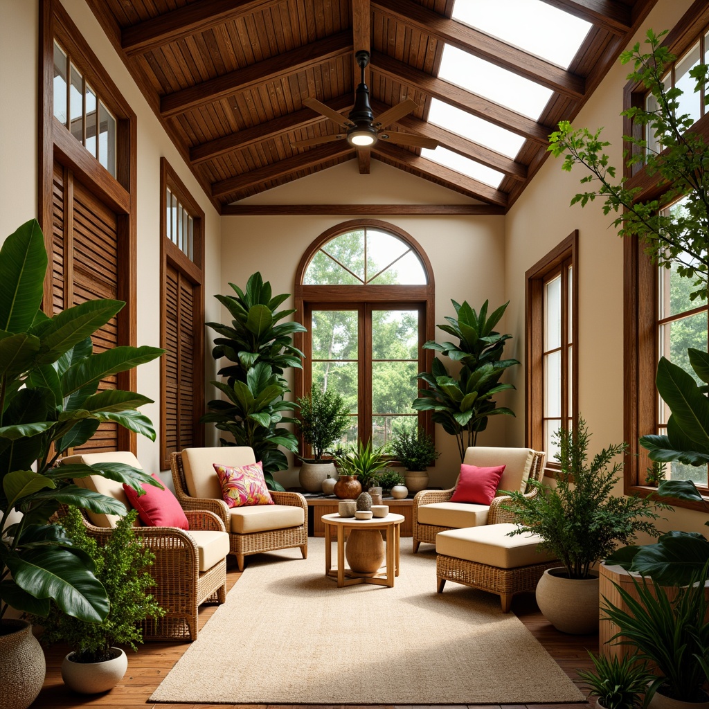 Prompt: Lush tropical plants, natural wood accents, woven rattan furniture, warm beige walls, high ceilings with exposed wooden beams, large windows with louvered shutters, clerestory windows above, soft diffused lighting, gentle breeze from ceiling fans, ornate metal grilles, decorative ventilation grids, modern minimalist chairs, vibrant colorful throw pillows, natural fiber rugs, earthy tone ceramics, ambient occlusion, realistic textures, 3/4 composition, shallow depth of field.