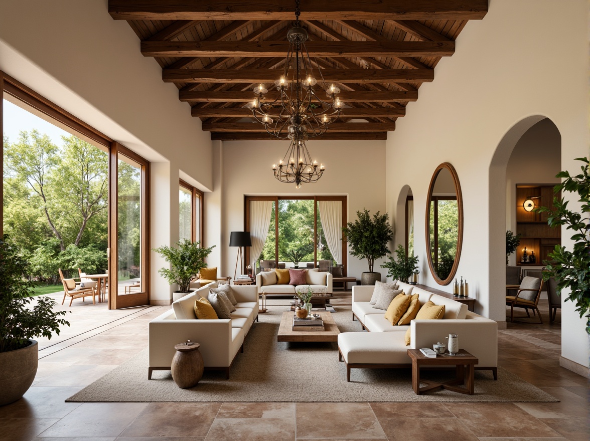 Prompt: Spacious great room, Mediterranean-style d\u00e9cor, open floor plan, high ceilings, large windows, sliding glass doors, natural stone floors, rustic wooden beams, cream-colored walls, warm earthy tones, lush greenery, potted plants, comfortable sofas, plush throw pillows, ornate mirrors, elegant chandeliers, ambient lighting, cozy reading nooks, built-in shelving, decorative archways, soft warm color palette, inviting atmosphere, shallow depth of field, 1/1 composition, panoramic view, realistic textures, subtle shadowing.