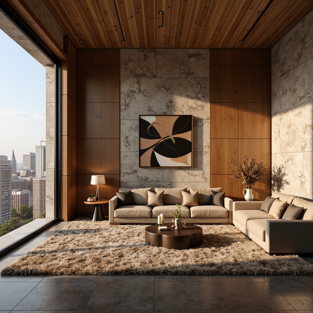 Prompt: Luxurious living room, rich wood paneling, textured stone walls, metallic accents, soft golden lighting, plush area rugs, velvet sofas, abstract artwork, floor-to-ceiling windows, urban cityscape views, warm beige colors, natural materials, 3D geometric patterns, ambient shadows, realistic reflections, subtle animations.