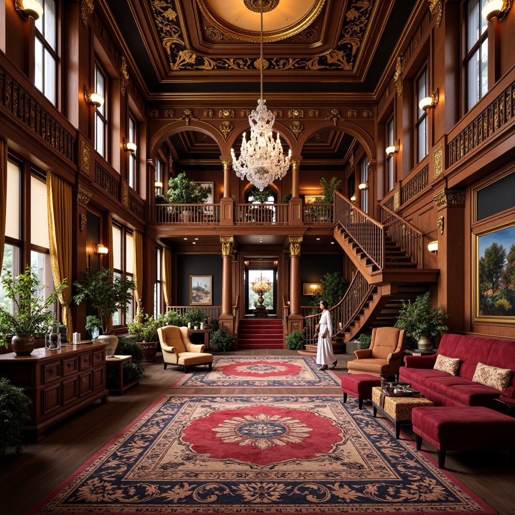 Prompt: Intricate ornateness, lavish decorations, opulent furnishings, luxurious materials, rich textures, vibrant colors, golden accents, crystal chandeliers, carved wooden panels, patterned rugs, velvet drapes, majestic archways, grand staircases, ornamental metalwork, bejeweled accessories, exquisite craftsmanship, detailed engravings, Baroque-inspired motifs, Rococo-style flourishes, regal ambiance, dramatic lighting, warm color palette, high-contrast shading, 3/4 composition, shallow depth of field, realistic reflections.