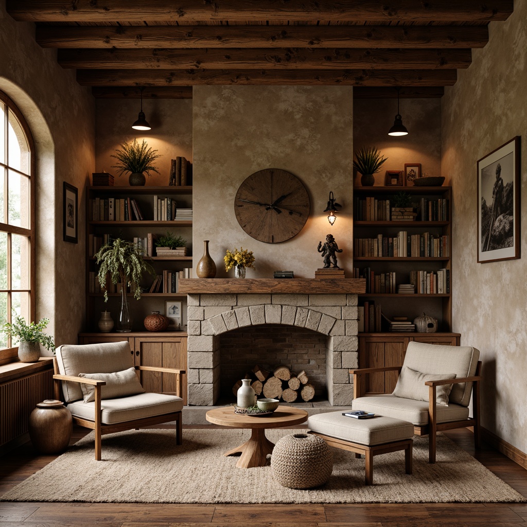 Prompt: Warm earthy tones, natural fabrics, woven textures, rich wood accents, vintage metal hardware, distressed finishes, cozy reading nooks, plush throw blankets, rustic wooden beams, stone fireplaces, comfy armchairs, warm ambient lighting, soft focus, shallow depth of field, 1/1 composition, realistic materials, ambient occlusion.