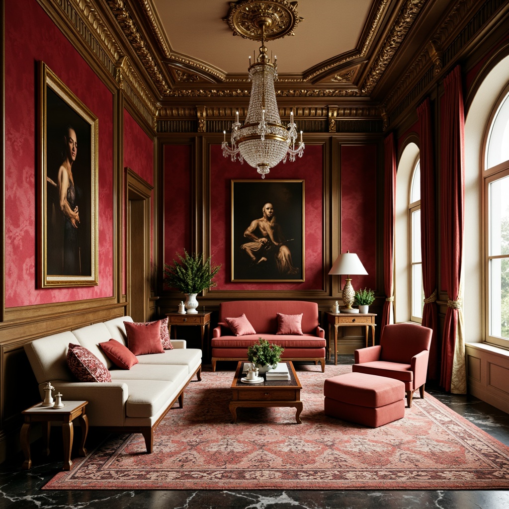 Prompt: Richly ornamented interior, luxurious velvet fabrics, jewel-toned walls, ornate golden frames, crystal chandeliers, plush area rugs, elegant marble floors, warm beige tones, soft cream accents, rich walnut wood, subtle sheen finishes, dramatic shadowing, high-contrast lighting, atmospheric ambiance, cinematic composition, detailed textures, realistic reflections.