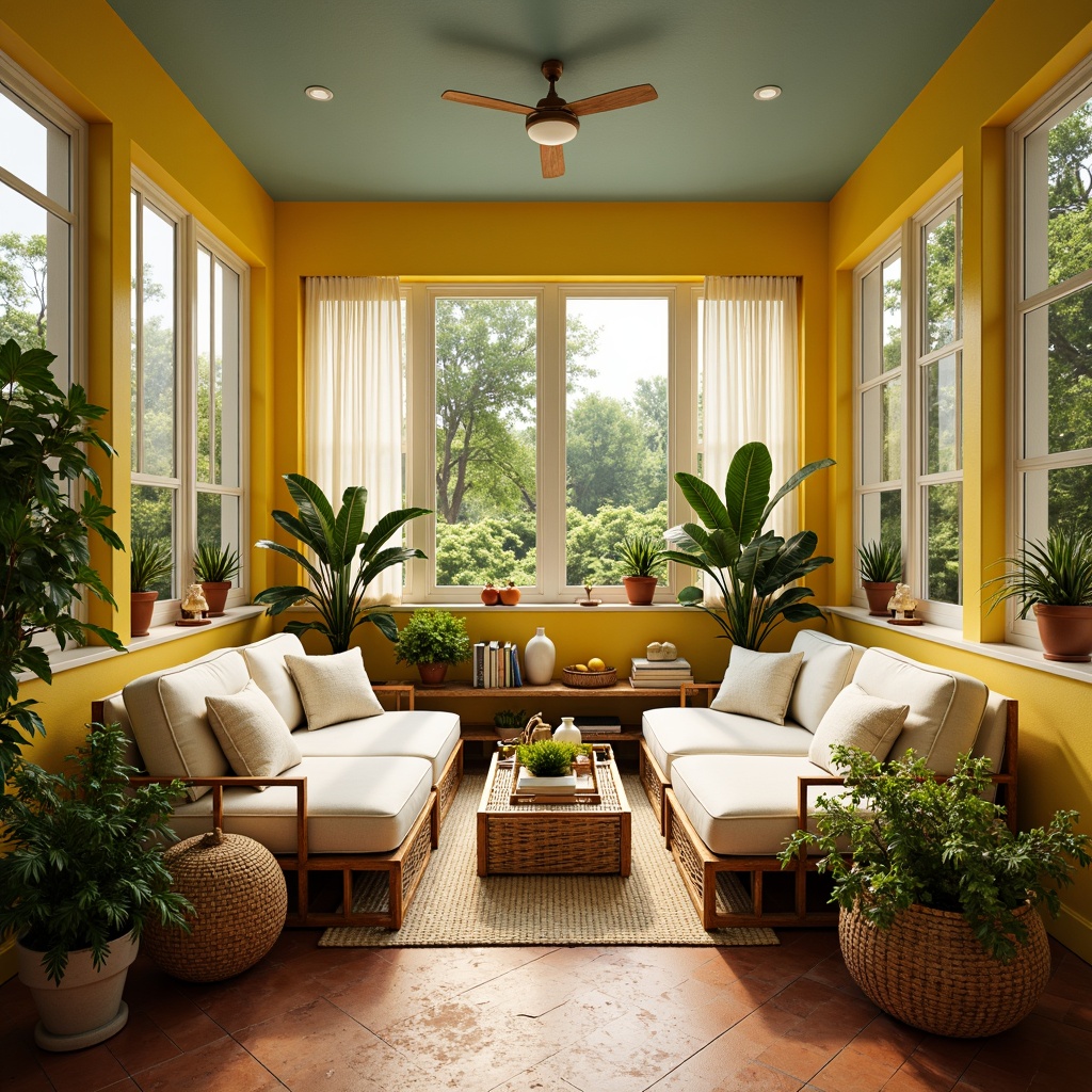 Prompt: Vibrant sunroom, warm natural light, bright yellow walls, creamy white furniture, lush greenery, tropical plants, wooden accents, rattan decor, earthy terracotta floors, sky blue ceilings, soft sheer curtains, cozy reading nooks, plush throw pillows, golden hour lighting, shallow depth of field, 1/1 composition, realistic textures, ambient occlusion.