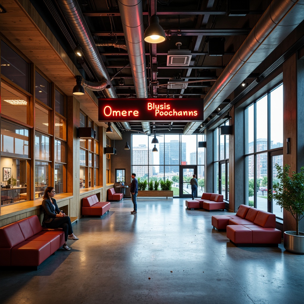 Prompt: Vibrant bus station interior, modern industrial design, exposed ductwork, polished concrete floors, bright neon signage, comfortable seating areas, warm wood accents, stainless steel handrails, urban cityscape views, natural light pouring in, soft box lighting, 1/2 composition, shallow depth of field, realistic textures, ambient occlusion.