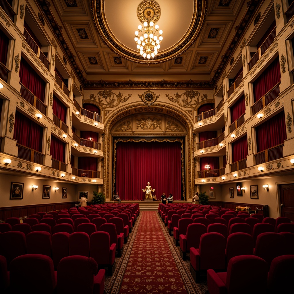 Prompt: Elegant theater interior, traditional architectural style, ornate decorations, plush red velvet seats, gold accents, intricate moldings, luxurious curtains, grand chandeliers, symmetrical seating arrangement, central aisle, tiered seating levels, comfortable legroom, optimal viewing angles, soft warm lighting, realistic textures, ambient occlusion, detailed audience silhouettes.