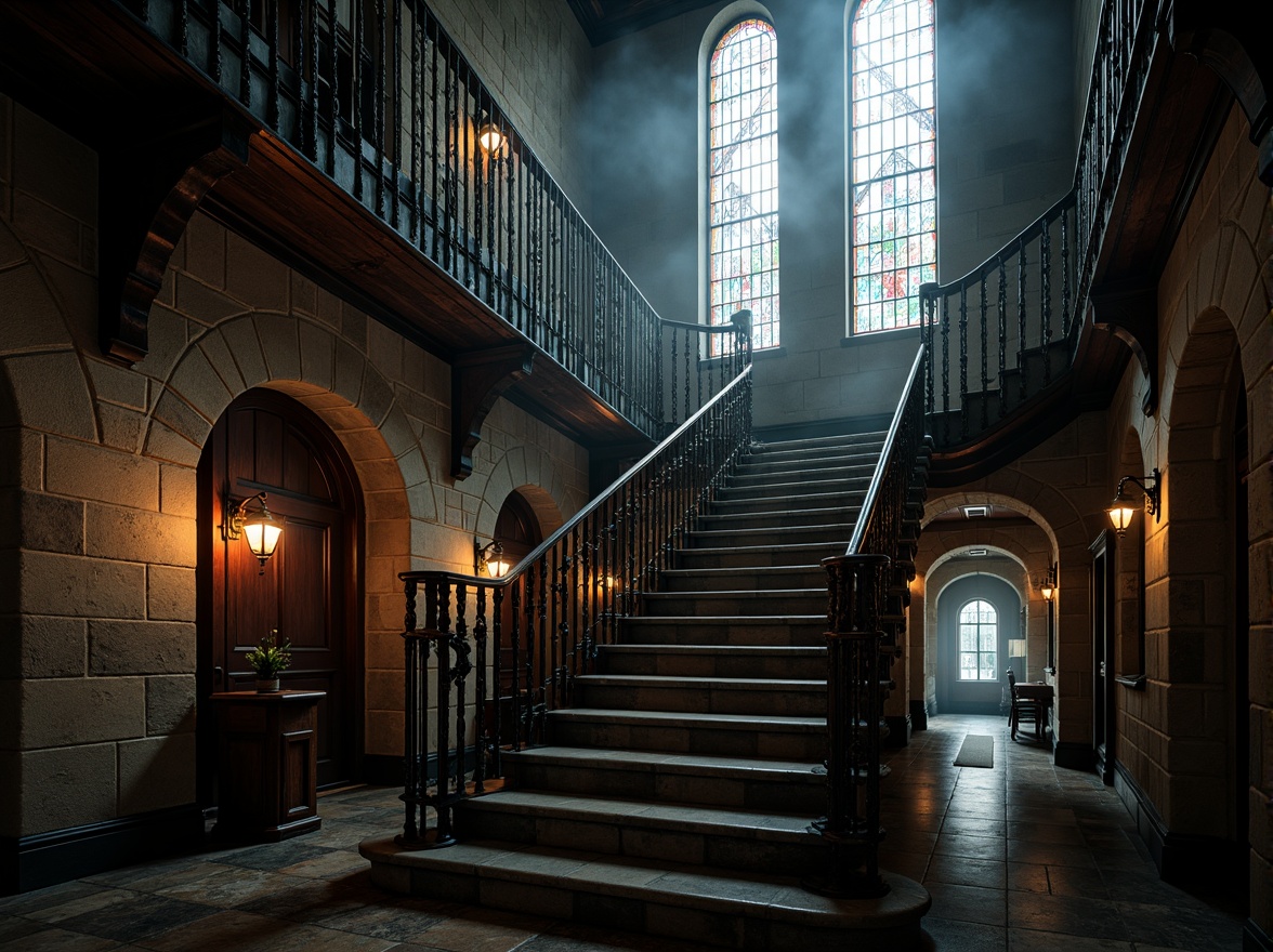 Prompt: Intricate gothic staircase, ornate iron railings, twisted metal spindles, grandiose banisters, mystical stone walls, vaulted ceilings, stained glass windows, rich wood tones, mysterious ambiance, dramatic lighting, foggy atmosphere, high-contrast shadows, 1/2 composition, narrow depth of field, cinematic perspective, realistic textures, subtle ambient occlusion.