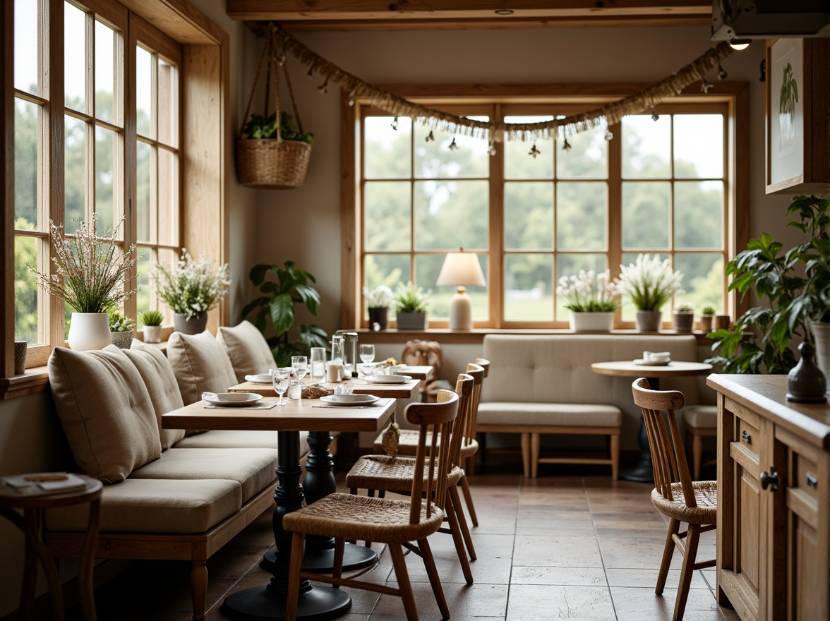 Prompt: Rustic breakfast nook, soft warm lighting, distressed wood accents, vintage metalware, woven rattan chairs, plush cushions, natural linen upholstery, ornate wooden tables, carved legs, elegant curves, countryside-inspired decor, fresh flowers, woven baskets, earthy color palette, creamy whites, weathered woods, classic country charm, 1/2 composition, shallow depth of field, warm morning atmosphere.