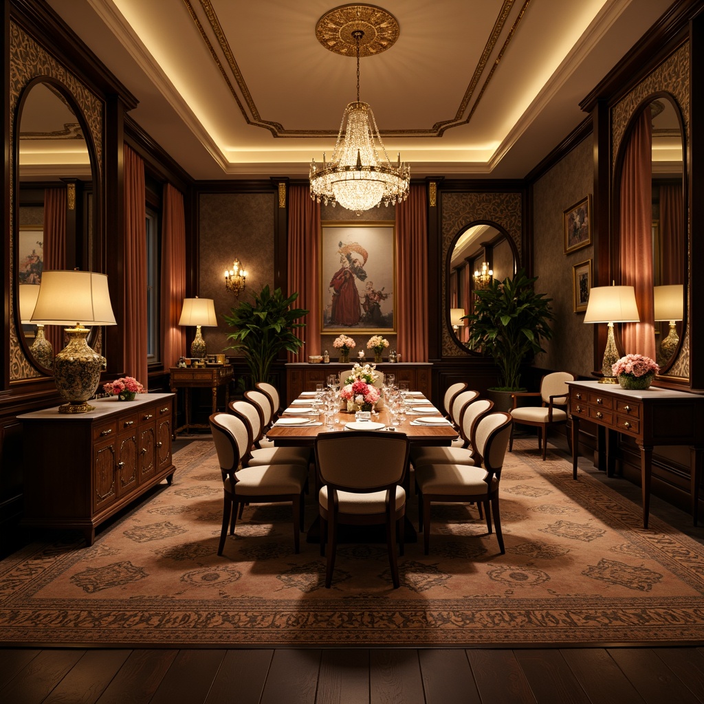 Prompt: Elegant dining room, refined furniture, luxurious fabrics, statement lighting fixtures, crystal chandeliers, pendant lights, recessed ceiling lights, floor lamps, table lamps, warm soft glow, cozy ambiance, intimate atmosphere, formal dinner parties, family gatherings, sophisticated decor, ornate mirrors, lavish wallpapers, rich wood tones, fine artwork, decorative centerpieces, opulent textiles, dramatic drapery, romantic evening lighting, shallow depth of field, 1/2 composition, realistic reflections.