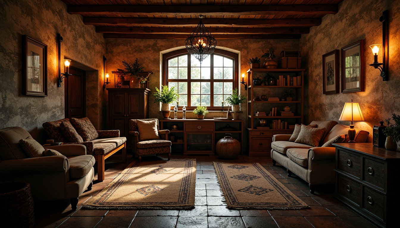 Prompt: Cozy rustic storage room, wooden crates, vintage trunks, distressed brick walls, earthy tones, warm ambient lighting, soft glowing lanterns, candlelight, metal chandeliers, wooden beam ceiling, rough-hewn stone flooring, natural fiber rugs, woven baskets, antique furniture, old books, mysterious shadows, 1/2 composition, high contrast ratio, dramatic warm colors, cinematic mood.