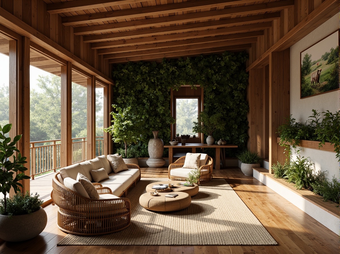 Prompt: Rustic wooden accents, reclaimed wood floors, natural stone walls, earthy color palette, organic textures, woven fiber rugs, living green walls, bamboo furniture, rattan decor, wicker accessories, nature-inspired patterns, botanical prints, soft warm lighting, cozy ambiance, serene atmosphere, 1/2 composition, shallow depth of field, realistic rendering.