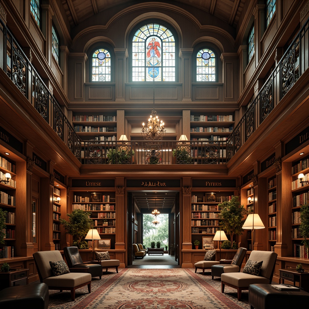 Prompt: Elegant library interior, warm wooden accents, rich leather-bound books, ornate metal railings, grand chandeliers, soft warm lighting, warm color palette, cozy reading nooks, comfortable seating areas, floor lamps, table lamps, natural light pouring in, stained glass windows, high ceilings, dramatic archways, intricate moldings, luxurious fabrics, subtle patterned carpets, atmospheric misty effect, cinematic backlighting, 1/1 composition, realistic textures, ambient occlusion.