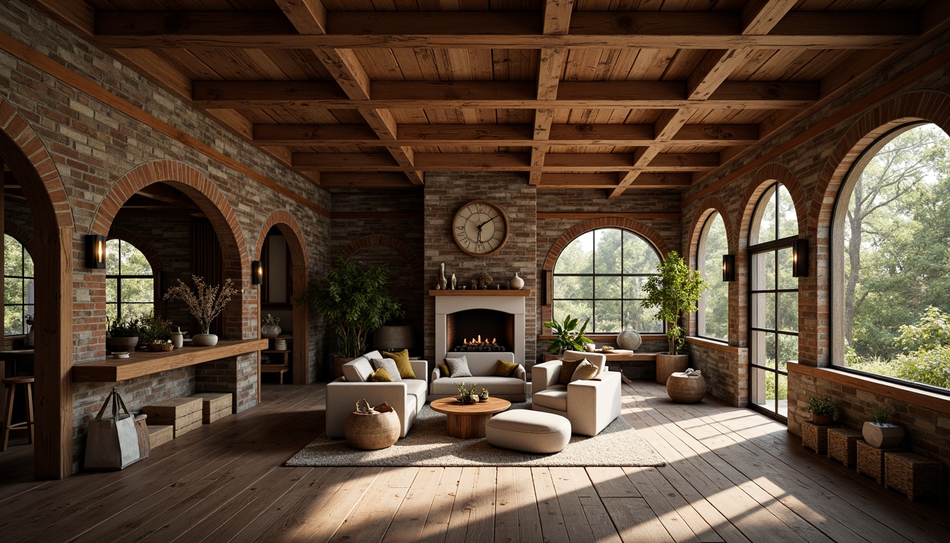 Prompt: Rustic cabin, wooden accents, natural textures, earthy tones, reclaimed wood planks, distressed finishes, vintage decorations, stone walls, brick archways, cozy fireplaces, warm lighting, soft shadows, 1/2 composition, intimate atmosphere, realistic wood grains, ambient occlusion.