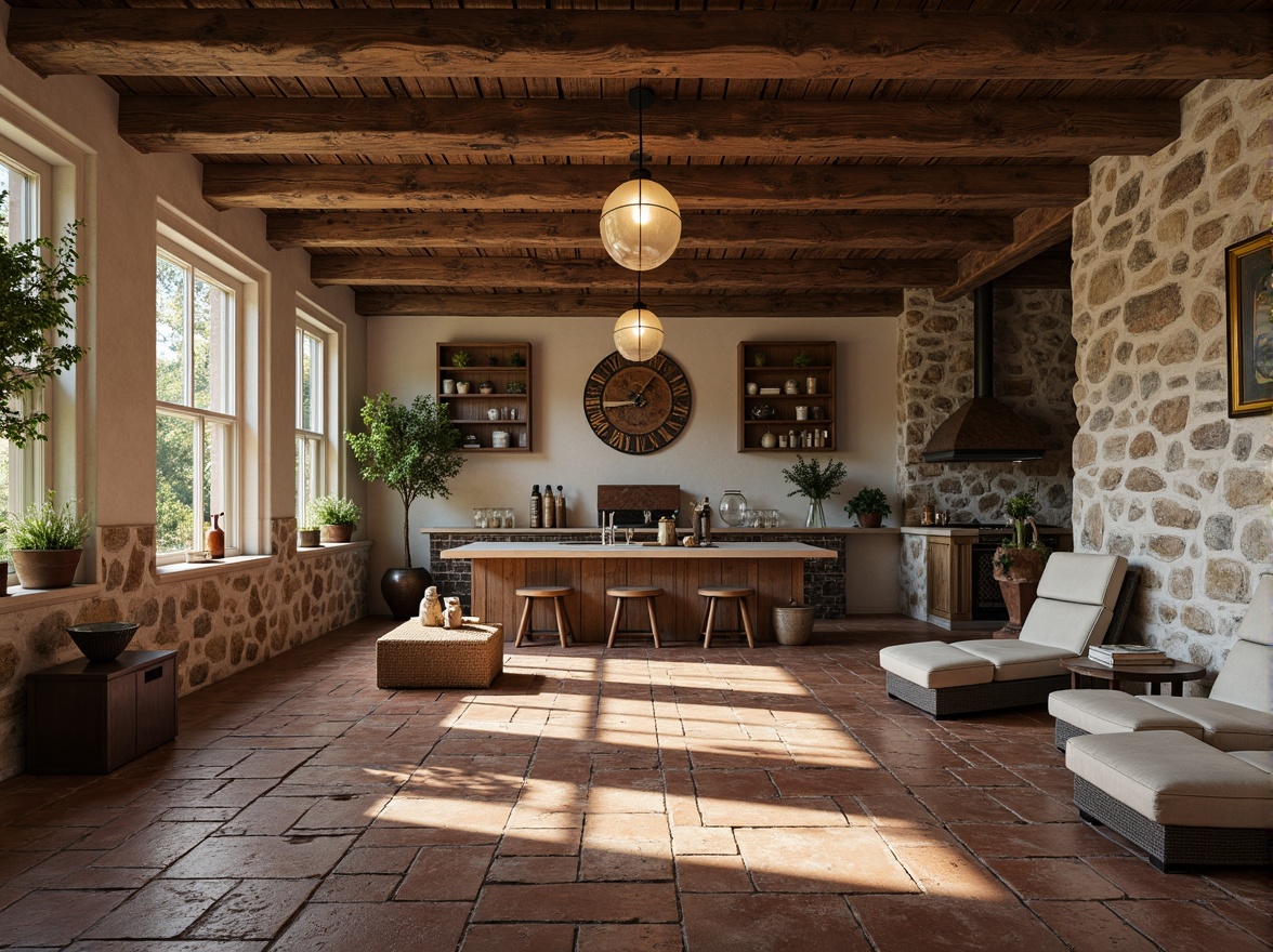 Prompt: Rustic farmhouse, natural stone walls, earthy tones, reclaimed wood accents, vintage metal decor, distressed finishes, brick-inspired tiles, matte glaze, soft warm lighting, 1/1 composition, shallow depth of field, realistic textures, ambient occlusion.