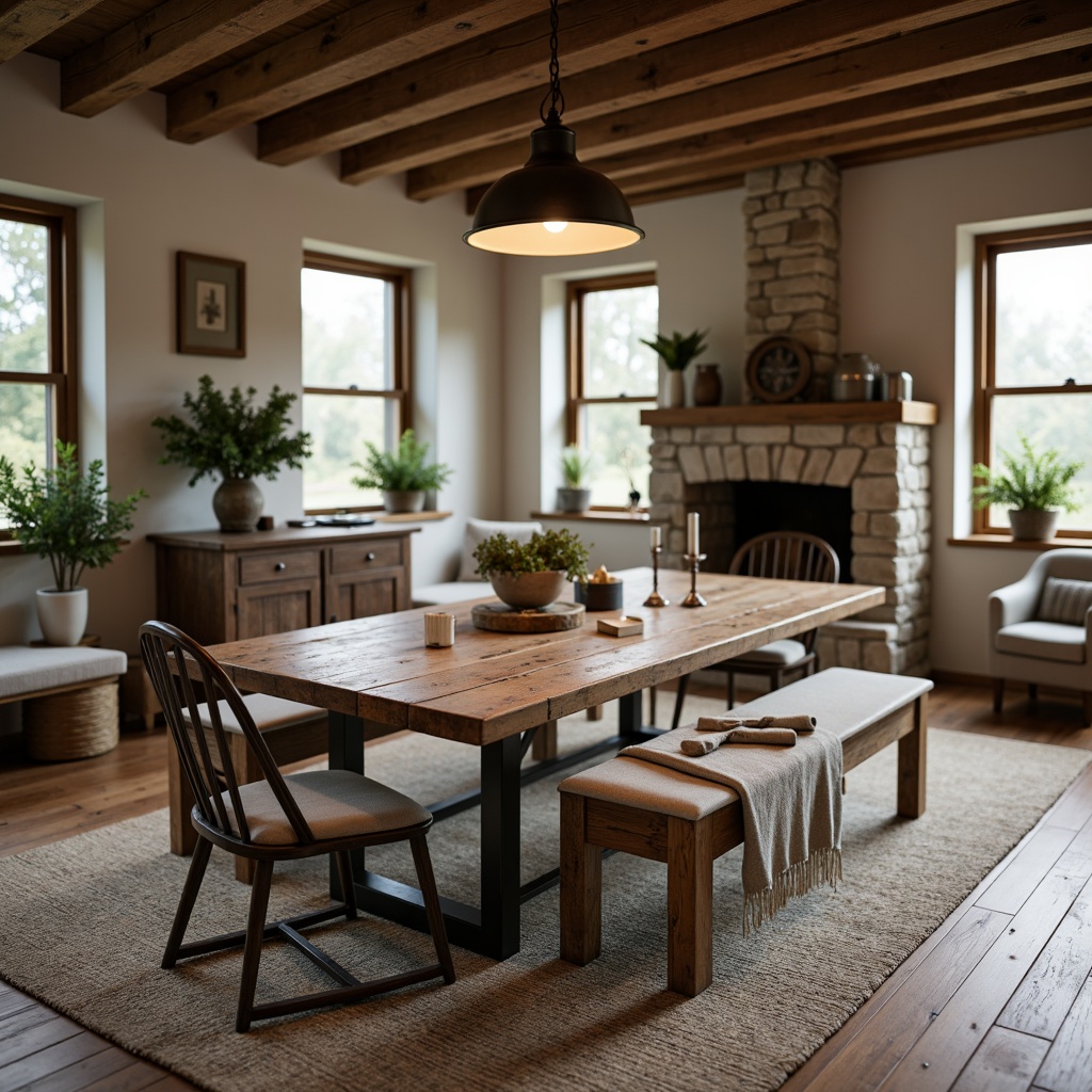 Prompt: Rustic farmhouse, reclaimed wood dining table, vintage metal chairs, distressed wooden benches, linen upholstery, natural fabrics, earthy color palette, pendant lanterns, wooden ceiling beams, stone fireplace, cozy throw blankets, potted greenery, soft warm lighting, shallow depth of field, 3/4 composition, realistic textures, ambient occlusion.