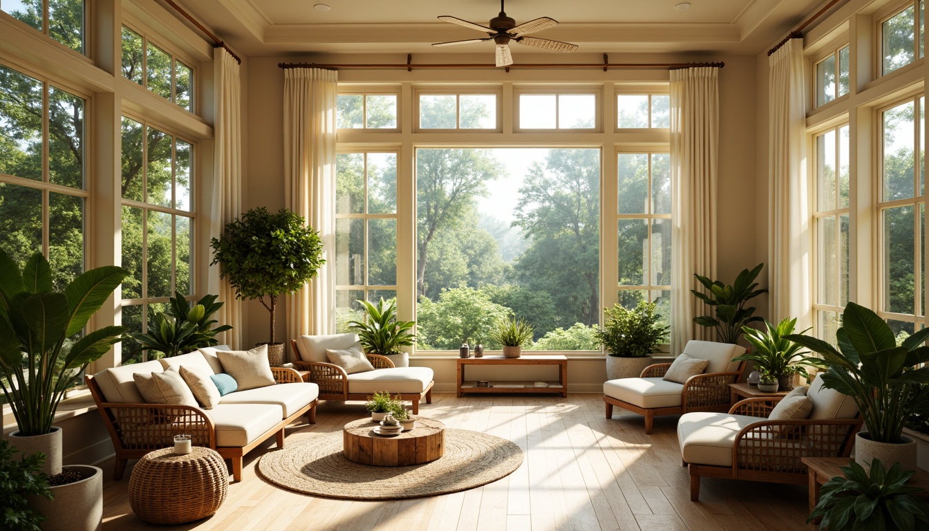 Prompt: Vibrant sunroom, bright natural light, warm beige walls, soothing greenery, lush plants, wooden accents, rattan furniture, soft cream-colored curtains, calming blue hues, serene atmosphere, gentle morning sunlight, 3/4 composition, shallow depth of field, panoramic view, realistic textures, ambient occlusion.