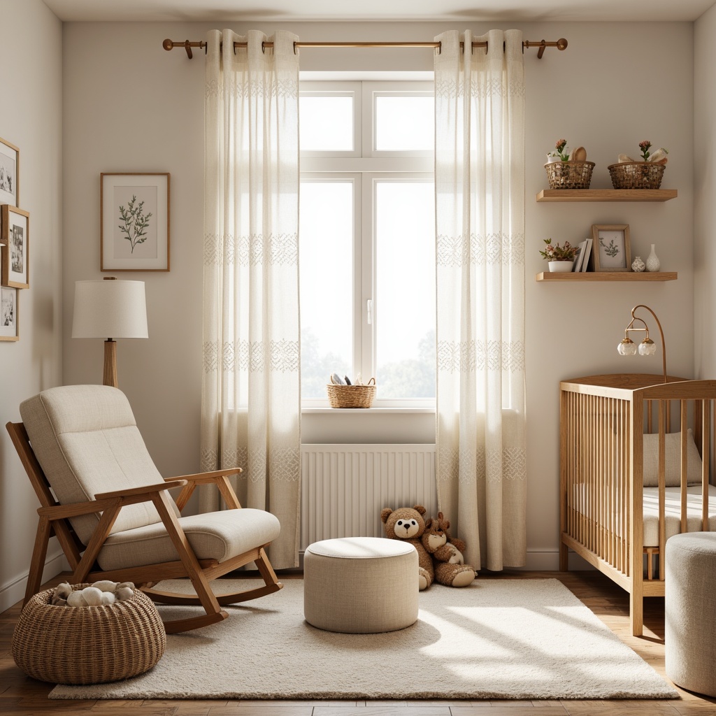 Prompt: Cozy baby room, soft pastel colors, plush area rug, comfortable glider rocker, cushioned ottoman, wooden crib with gentle curves, creamy white walls, warm beige furniture, delicate lace curtains, natural woven basket storage, adorable stuffed animals, vintage-inspired mobiles, soothing ambient lighting, shallow depth of field, 1/1 composition, realistic textures, soft focus effect.