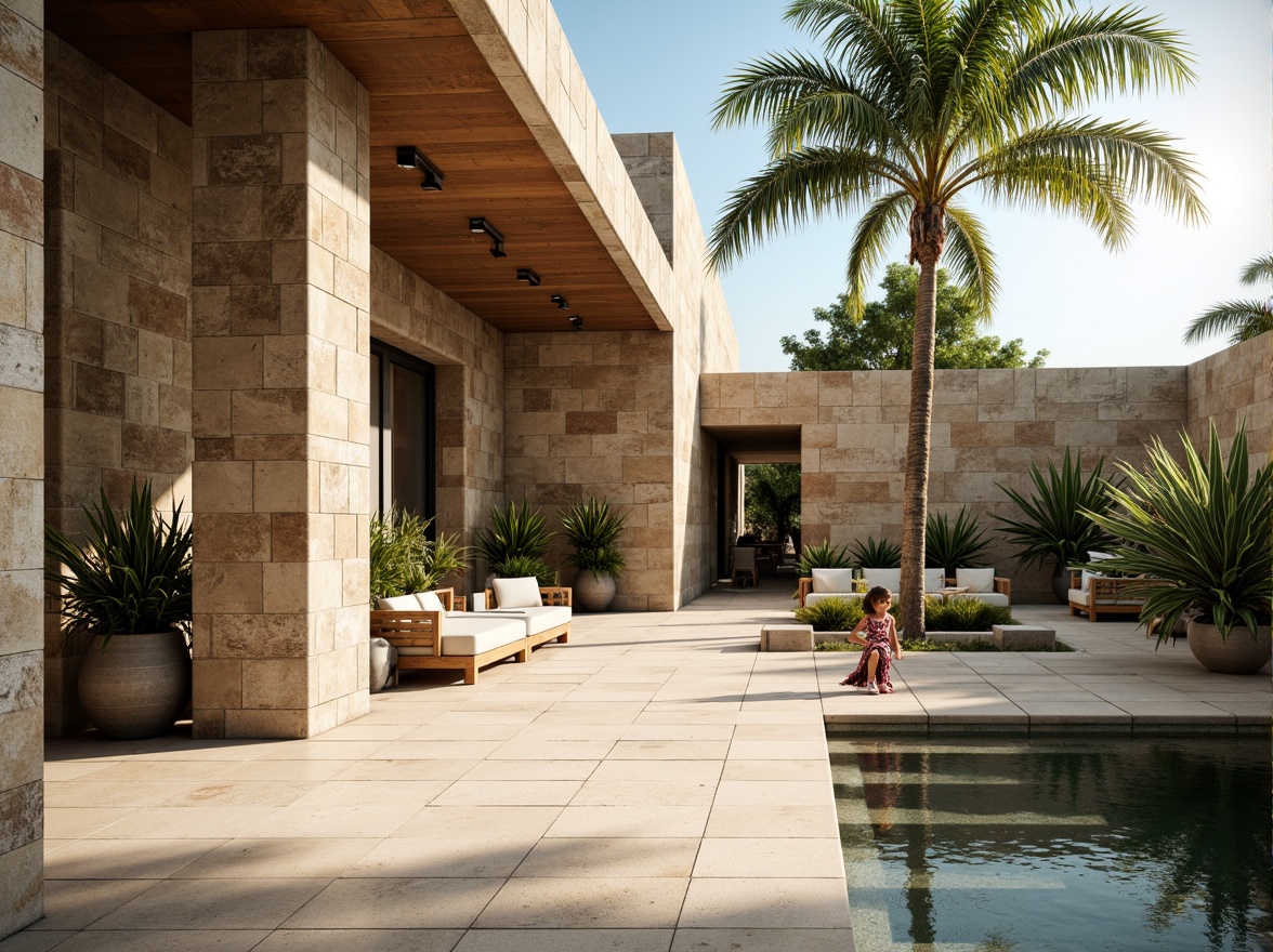 Prompt: Rustic natural stone walls, earthy tones, organic textures, modern minimalist architecture, sleek lines, grand entranceways, statement columns, polished stone floors, wooden accents, lush greenery, vibrant plants, serene water features, sunny day, soft warm lighting, shallow depth of field, 3/4 composition, panoramic view, realistic textures, ambient occlusion.