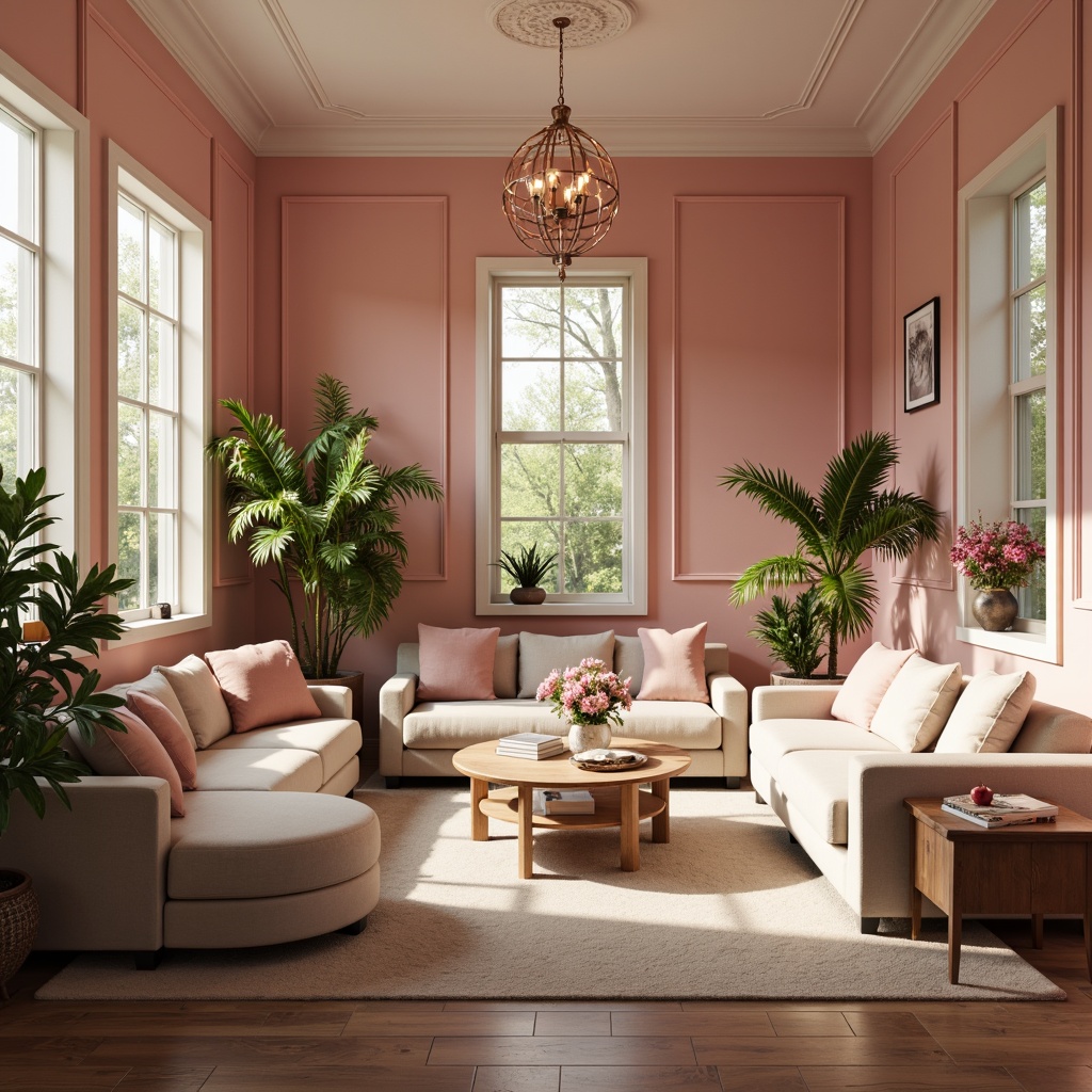 Prompt: Soft pink accent walls, warm beige furniture, rose gold metallic decorations, lush greenery, natural wood flooring, elegant chandeliers, romantic ambiance, subtle fragrance, gentle morning light, shallow depth of field, 1/1 composition, realistic textures, ambient occlusion.