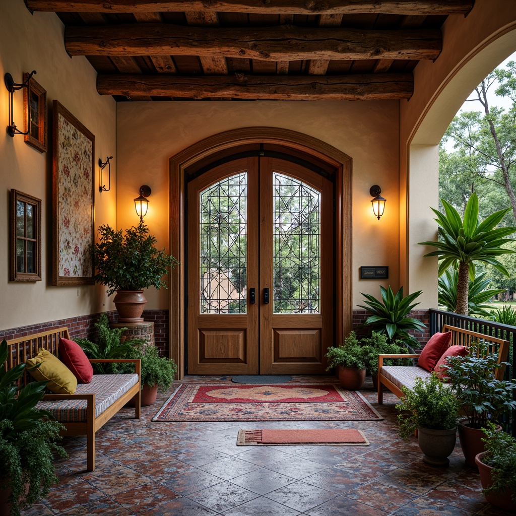 Prompt: Vibrant eclectic entrance, distressed wooden doors, ornate metal hardware, colorful Moroccan tiles, intricately patterned rugs, lush greenery, potted plants, reclaimed wood accents, industrial metal beams, exposed brick walls, vintage decorative lighting, soft warm glow, shallow depth of field, 1/1 composition, realistic textures, ambient occlusion.