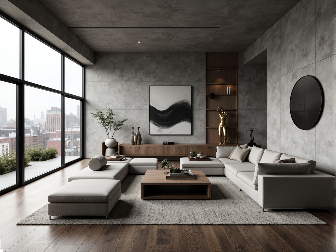 Prompt: Minimalist living room, clean lines, rectangular shapes, monochromatic color scheme, industrial materials, polished metal accents, geometric patterns, functional furniture, open floor plan, natural light influx, large windows, sliding glass doors, urban cityscape views, abstract artwork, modern sculptures, brutalist concrete walls, sleek wooden floors, atmospheric shadows, dramatic lighting, high contrast ratios, 2.35 cinematography aspect ratio, cinematic composition, deep depth of field, ambient occlusion.