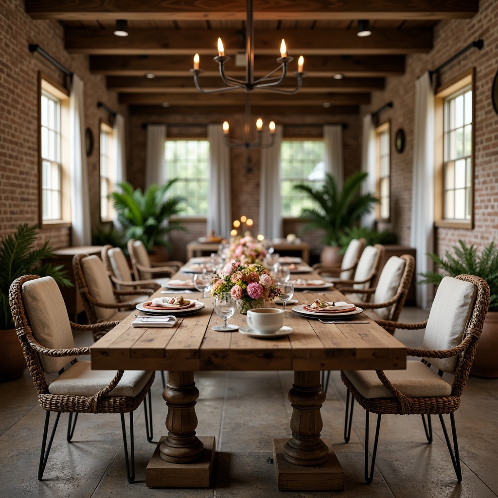 Prompt: Rustic wooden table, reclaimed barnwood planks, distressed finishes, metal hairpin legs, turned wood pedestals, soft candlelight, warm beige upholstery, vintage farmhouse decor, natural linen drapes, earthy color palette, organic shapes, woven wicker chairs, potted greenery, aged brick walls, exposed beam ceilings, cozy atmosphere, shallow depth of field, 1/1 composition, realistic textures, ambient occlusion.