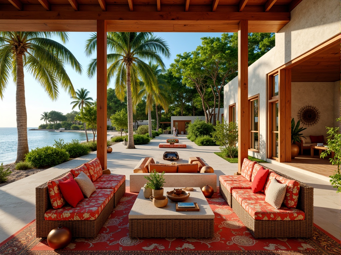 Prompt: Tropical island villa, lush greenery, warm sandy beach, palm trees, vibrant floral patterns, bright coral colors, natural stone walls, textured stucco finish, earthy terracotta tones, woven rattan furniture, colorful tribal-inspired textiles, exotic wood accents, large windows, sliding glass doors, soft warm lighting, 1/1 composition, shallow depth of field, realistic textures.